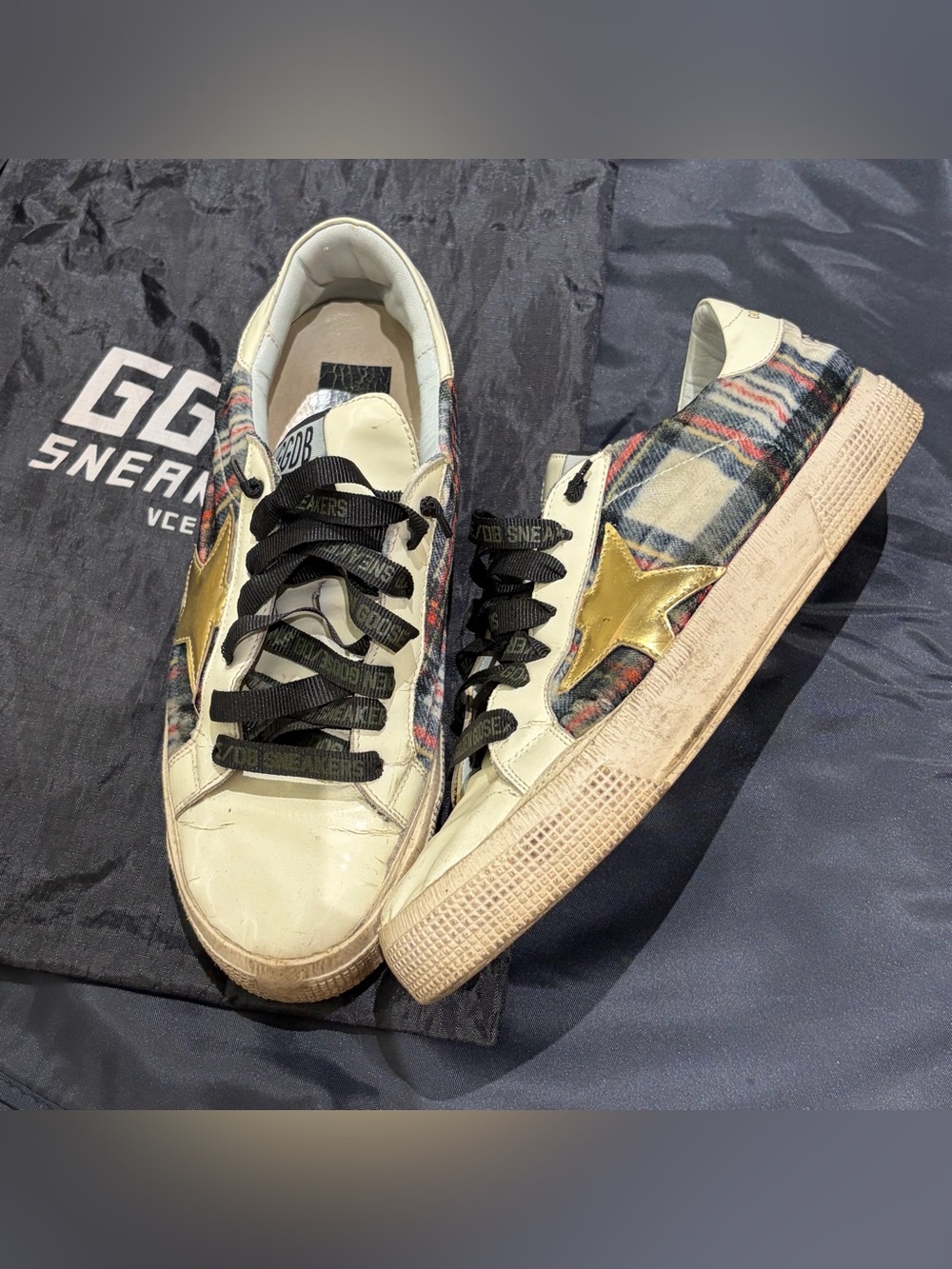 RARE Golden Goose Super Star Plaid Sneakers with Gold Star and Cream Leather
